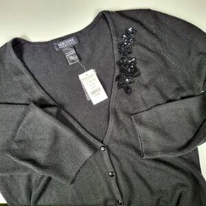 New York & Co Cardigan Feminine Beaded Sequin‎ Floral LG Button Front Black NWT